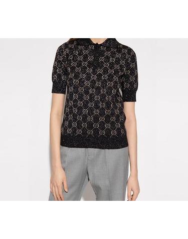 구찌 GUCCI 라메 폴로 니트 여성 반팔 니트 블랙 컬러 678435XKB54
