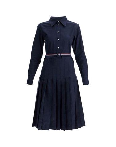 THOM BROWNE 톰브라운 스트라이프 코튼 플란넬 미디 플리츠 바텀 벨트 드레스 FDSE89A F0351 415