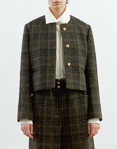 [MOMEN] Khaki Check Cropped Jacket - Khaki_XMTFUYFB12145