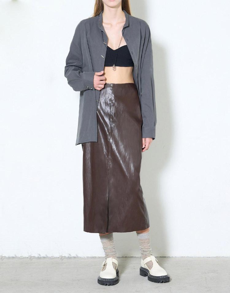 모먼 [MOMEN] Vegan Leather Slit Skirt - BrownXMTDK3ZA31125