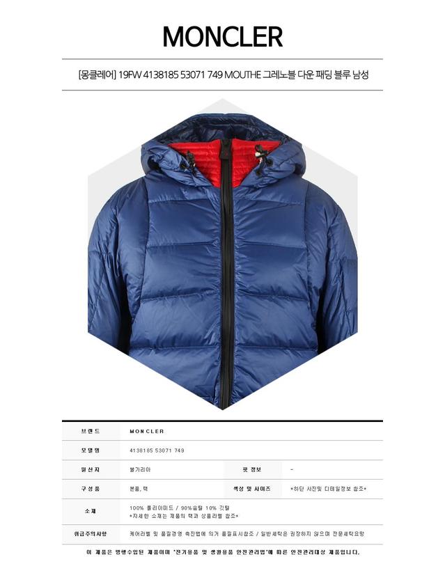 몽클레어 [몽클레어] 19FW 4138185 53071 749 MOUTHE 그레노블 다운 패딩 블루 남성 패딩 / TR 착용컷