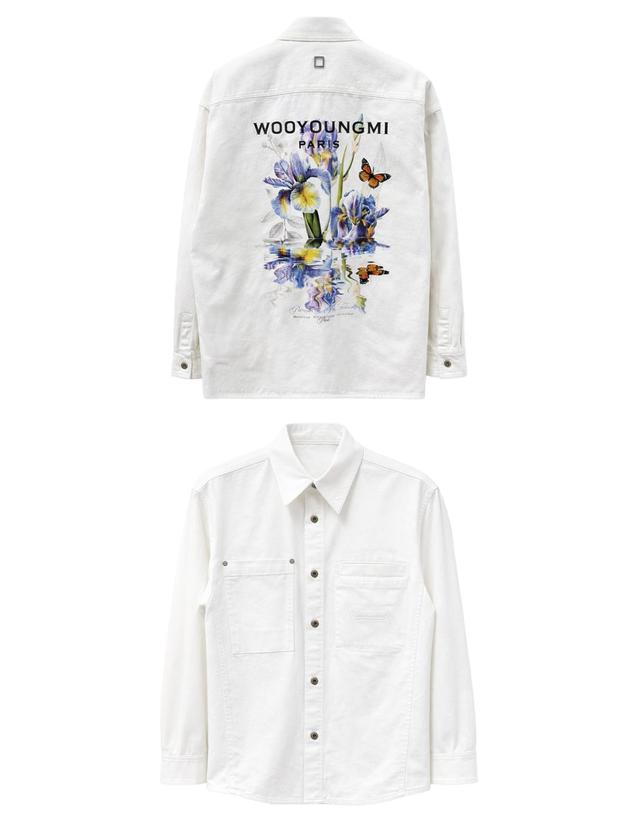 우영미 [우영미] 26SS 플라워 백로고 데님 셔츠 아이보리 남성 셔츠 W261SH26881I / TR 착용컷
