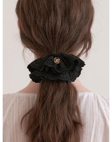 3 layer lace frill logo pendant scrunchie (H021_black)