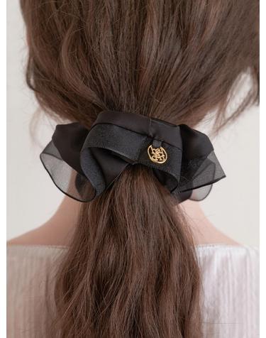 mesh satin logo pendant scrunchie (H018_black)