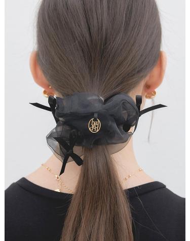 3 ribbon mesh logo pendant scrunchie (H016_black)