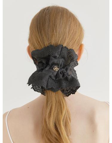 lace frill logo pendant scrunchie (H012_black)