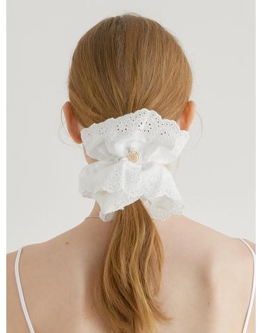lace frill logo pendant scrunchie (H012_white)