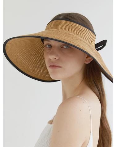wide ribbon logo pendant raffia sun visor (C010_beige)