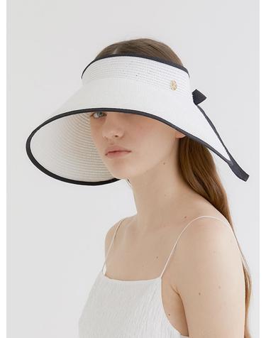 wide ribbon logo pendant raffia sun visor (C010_white)