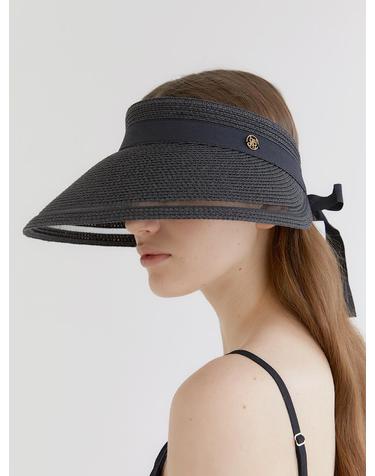 mesh ribbon logo pendant raffia sun visor (C008_black)