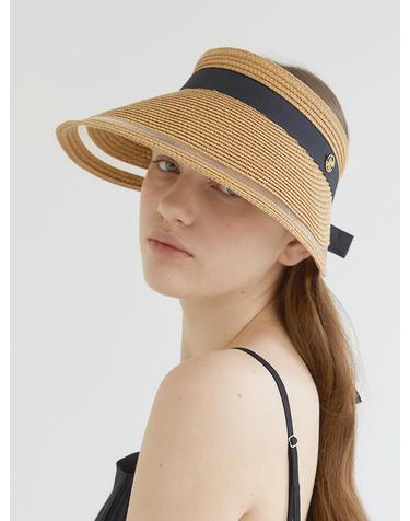 mesh ribbon logo pendant raffia sun visor (C008_beige)