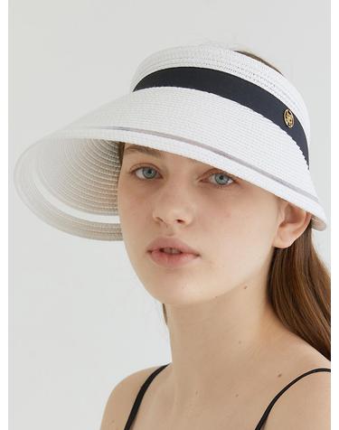 mesh ribbon logo pendant raffia sun visor (C008_white)