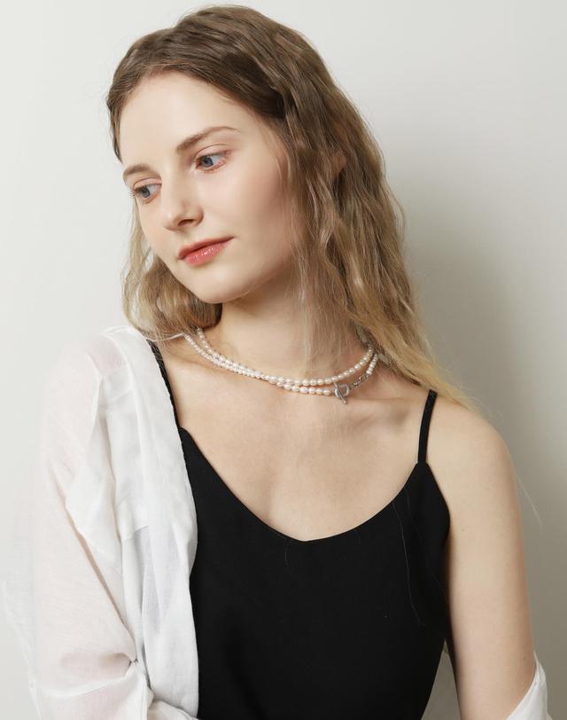 오젤 천연 담수 진주 큐빅 지르코니아 링크 체인 토글바 펜던트 진주 실버 체인 목걸이 PB045-5N 착용컷
