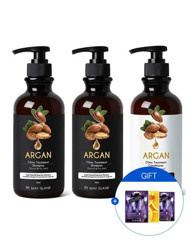 [손상모/모발강화](1+1+1) 아르간 클리닉 샴푸&린스 대용량 750ml + 마스크팩 랜덤 3매 추가증정