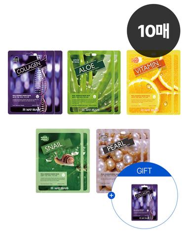 [진정탄력보습](10매) 리얼 에센스 마스크팩 11종 (콜라겐/녹차/알로에/비타민 등) + 추가 랜덤 1매 증정