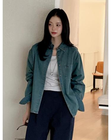 버튼 포인트 데님 셔츠 터쿼이즈 블루 AT5SHF010TL