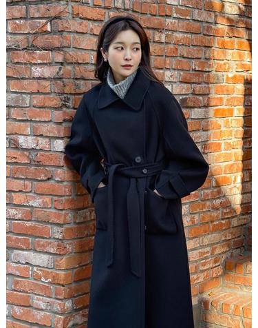 캐시미어 울 블렌드 더블 카라 롱 코트 블랙 AT5COF063BK