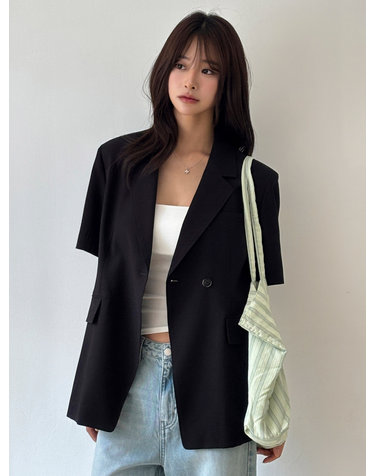 린넨 블렌드 하프 슬리브 자켓 블랙 AT6JAB001BK
