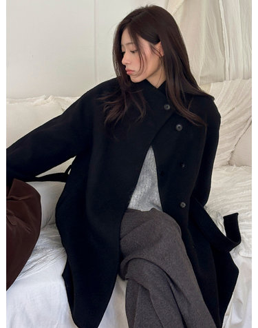 알파카 블렌디드 하이넥 하프 코트 블랙 AT6COD014BK