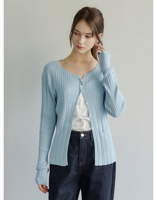 앳코너 슬림 보트넥 골지 가디건 스카이 블루 AT6CDA009SL 착용컷