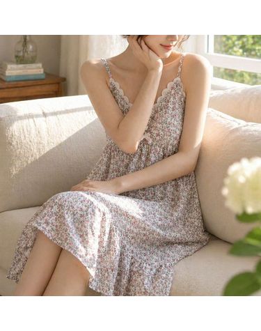 [보리보리] 여성 민소매 캡내장 원피스 잠옷 플라워 레이스 끈나시 홈웨어