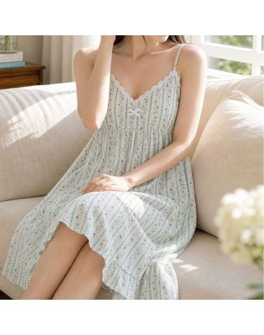 [보리보리] 여성 캡내장 원피스잠옷 여름 끈나시 플라워 레이스 민소매 파자마