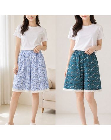 [보리보리] 1+1 2종SET 여성 인조인견 5부 반바지 플라워 레이스 밴딩 홈웨어 잠옷바지