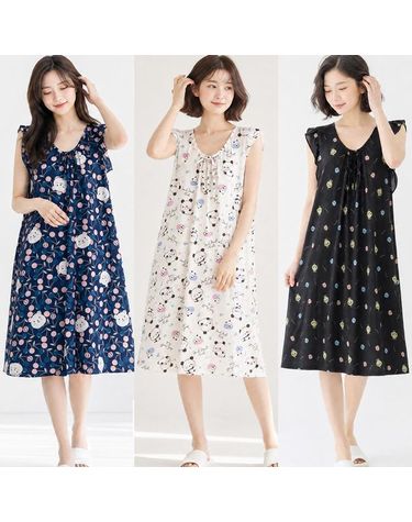 [보리보리] 여성 실내복 원피스잠옷 여름 캐릭터 패턴 나시 홈웨어 민소매 루즈핏 파자마