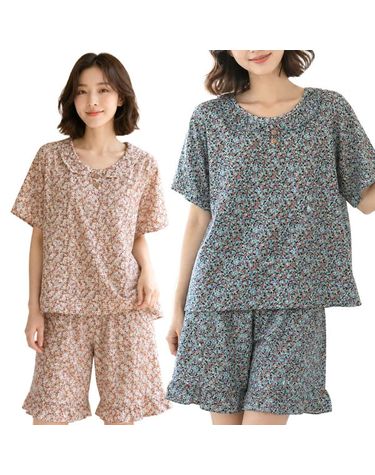 [보리보리] 여성 인조인견 꽃무늬 반팔 잠옷세트 프릴 파자마세트 반팔티+반바지