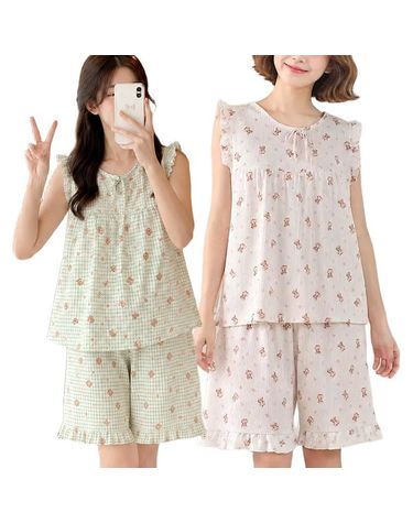 [보리보리] 여성 여름 민소매 잠옷세트 캐릭터 나시 파자마 프릴 리본 반바지 홈웨어