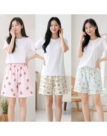 [보리보리] 1+1 여성 귀여운 캐릭터 잠옷반바지 2종세트 5부 레이스 파자마 홈웨어