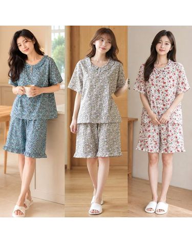 [보리보리] 여성 여름 인조인견 잔꽃 프릴 반팔 상의+반바지 잠옷 상하세트 홈웨어