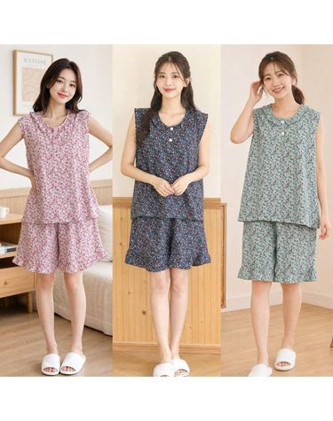[보리보리] 여성 여름 인조인견 잔꽃 프릴 민소매 5부 반바지 잠옷 상하세트 홈웨어