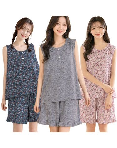 [보리보리] 여성 여름 홈웨어 인조인견 플라워 나시 반바지 프릴 파자마 상하세트