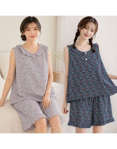 [보리보리] 여자 여름잠옷 인조인견 꽃무늬 나시 프릴 반바지 홈웨어 상하세트