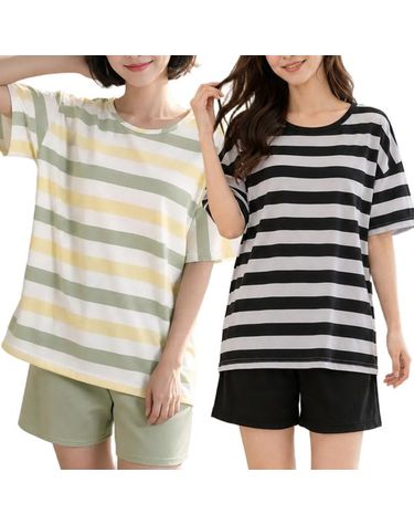 [보리보리] 여성 잠옷 1+1 루즈핏 스트라이프 반팔 반바지 2종SET 여름 홈웨어