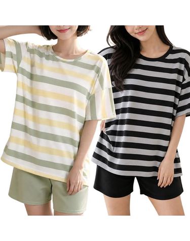 [보리보리] 여성 여름 잠옷 1+1 스트라이프 반팔 반바지 2종세트 루즈핏 홈웨어