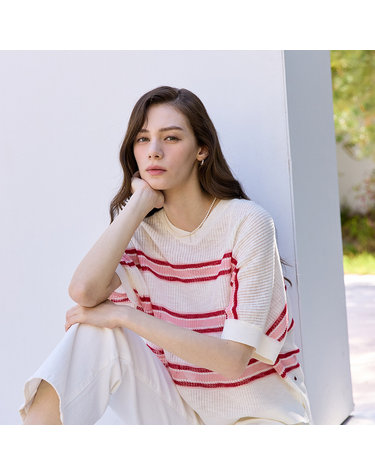 [요하넥스] 오버핏 스트라이프 브이넥 니트탑