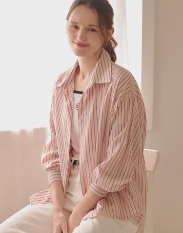 모던 줄지 셔츠 카라 블라우스_B6S1BL5051