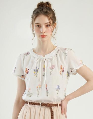 컬러풀 자수 리본 넥 블라우스_IN6M3BL5631