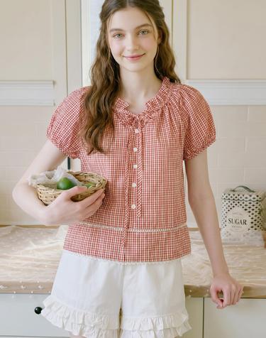 레이스 포인트 잔체크 리본 블라우스_B6M3BL6261