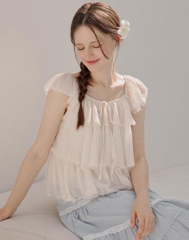 레이스 배색 쉬폰 티어드 블라우스_B6M1BL6371