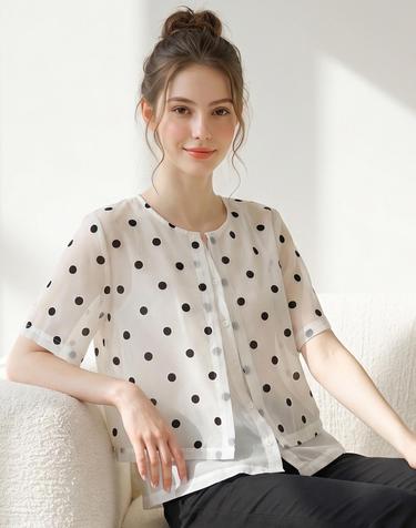 도트 나염 쉬폰 레이어드 블라우스_IN6M1BL6171