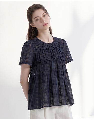 시어서커 셔링 체크 블라우스_VF6M1BL5891