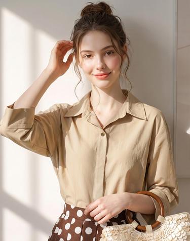 오픈 카라 롤업 7부 소매 블라우스_IN6F1BL5001