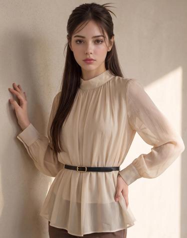미들 넥 셔링 벨트 셋 블라우스_IN6F1BL5091