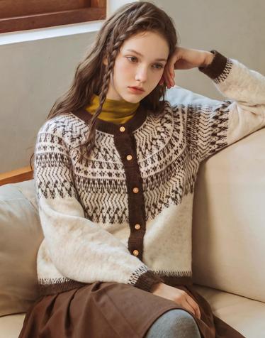 가하학 패턴 라운드넥 울 가디건_B6W1KC4551
