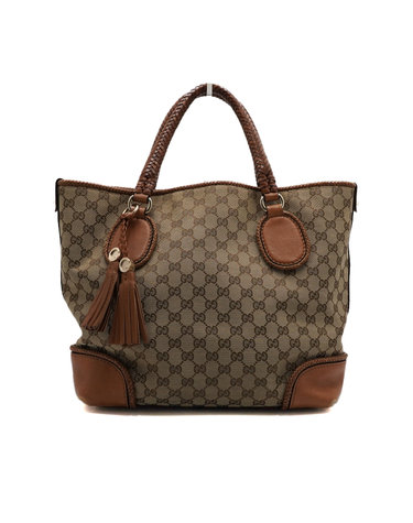 [중고명품] Gucci(구찌) 257023 브라운 레더 GG 캔버스 트리밍 태슬 장식 토트백aa67606