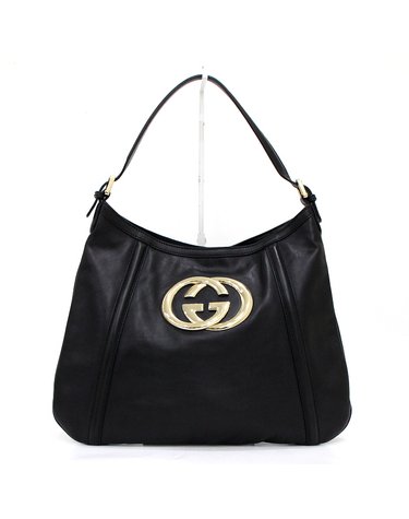 [중고명품] Gucci(구찌) 162740 블랙 레더 GG 인터로킹 금장로고 호보 숄더백aa68455