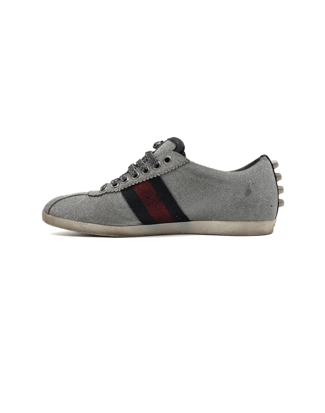 구찌 [중고명품] [중고명품] Gucci(구찌) 419544 메탈릭 실버 스파클링 패브릭 글리터 웹 WEB 스터드 여성 스니커즈aa67718 착용컷